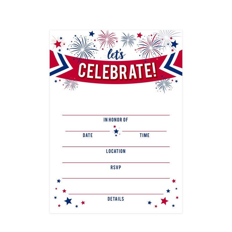 Canopy Street Patriotic Party Invitations / 25 American Event Invites / 5" x 7" Flat Invite Cards With White Envelopes/Red White And Blue Invites/Made In The USA - Image 1